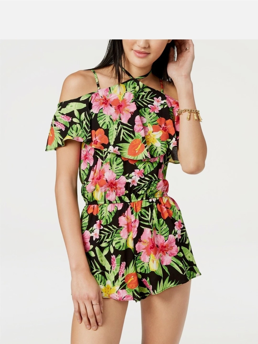 The Edit By Seventeen Tropical Off-Shoulder Romper